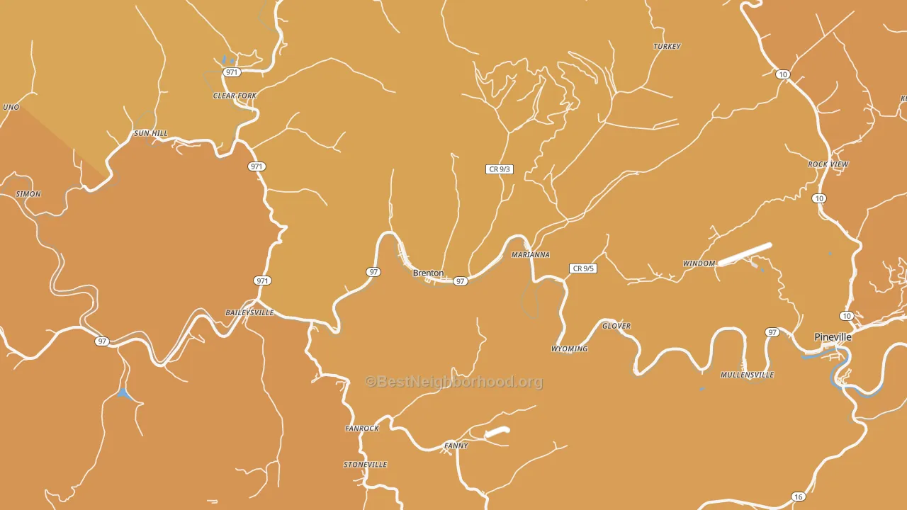 Map of the best neighborhoods in the Brenton area, with better matches in green and worse matches in red
