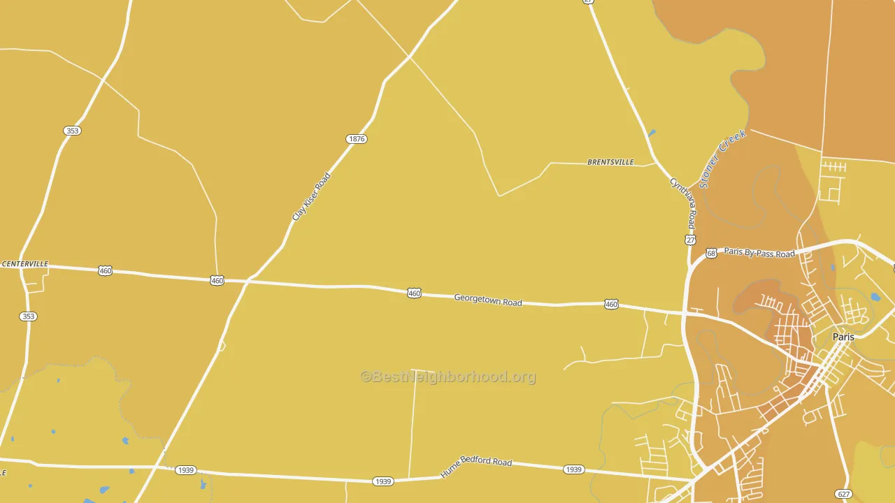 Map of the best neighborhoods in the Brentsville area, with better matches in green and worse matches in red