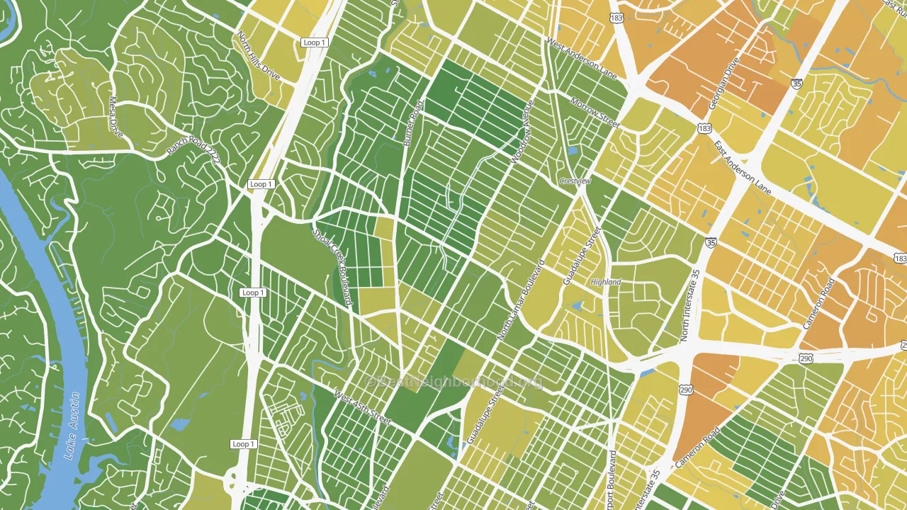 Map of the best neighborhoods in the Brentwood, Austin area, with better matches in green and worse matches in red