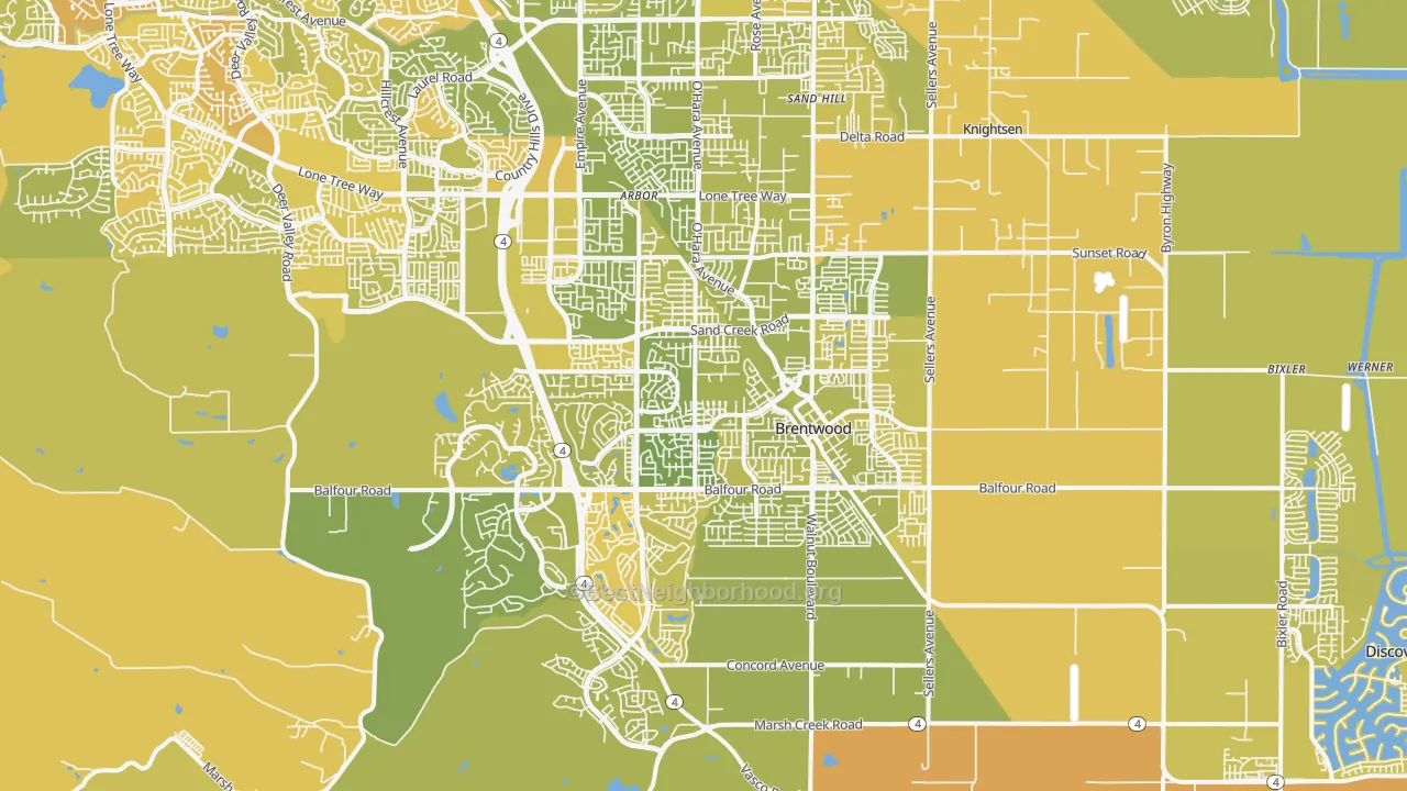Map of the best neighborhoods in the Brentwood area, with better matches in green and worse matches in red