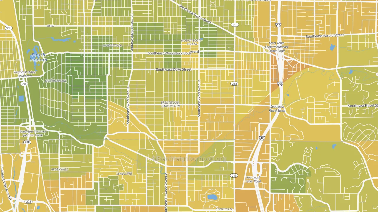 Map of the best neighborhoods in the Brentwood-Darlington, Portland area, with better matches in green and worse matches in red