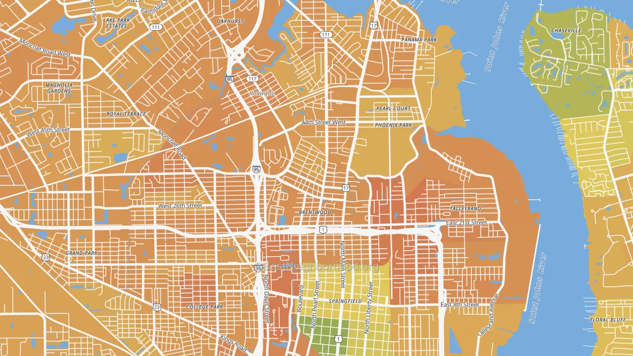 Map of the best neighborhoods in the Brentwood, Jacksonville area, with better matches in green and worse matches in red
