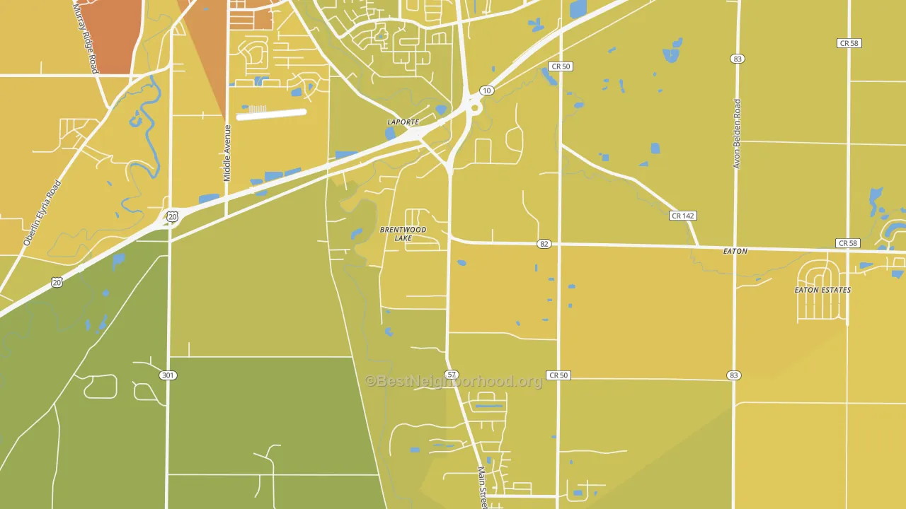 Map of the best neighborhoods in the Brentwood Lake area, with better matches in green and worse matches in red