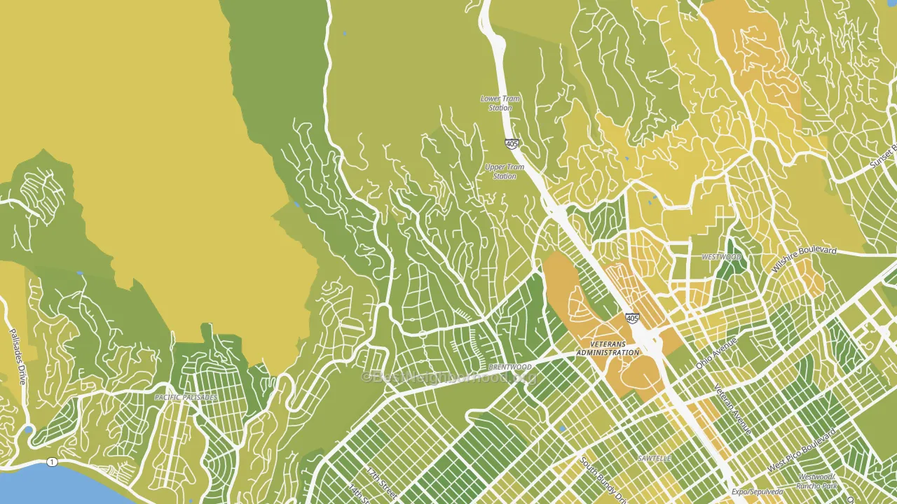 Map of the best neighborhoods in the Brentwood, Los Angeles area, with better matches in green and worse matches in red