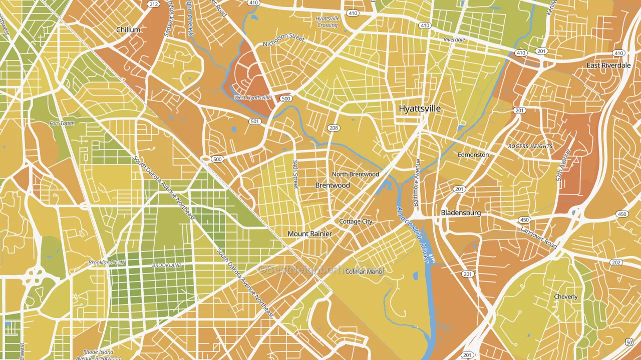 Map of the best neighborhoods in the Brentwood area, with better matches in green and worse matches in red