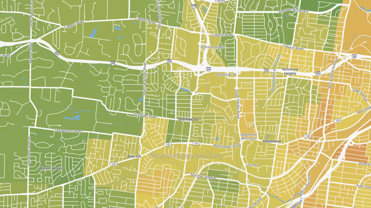 Map of the best neighborhoods in the Brentwood area, with better matches in green and worse matches in red