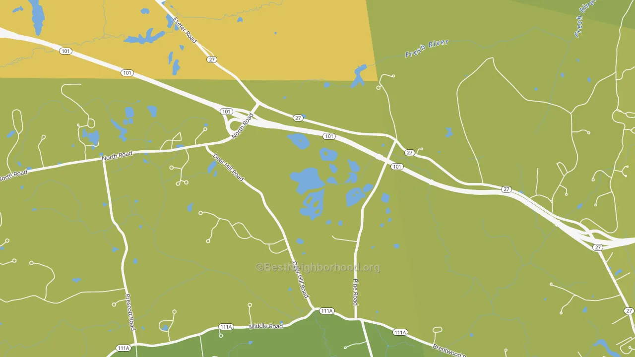 Map of the best neighborhoods in the Brentwood area, with better matches in green and worse matches in red