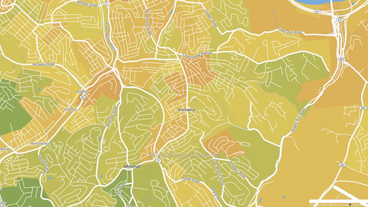 Map of the best neighborhoods in the Brentwood area, with better matches in green and worse matches in red