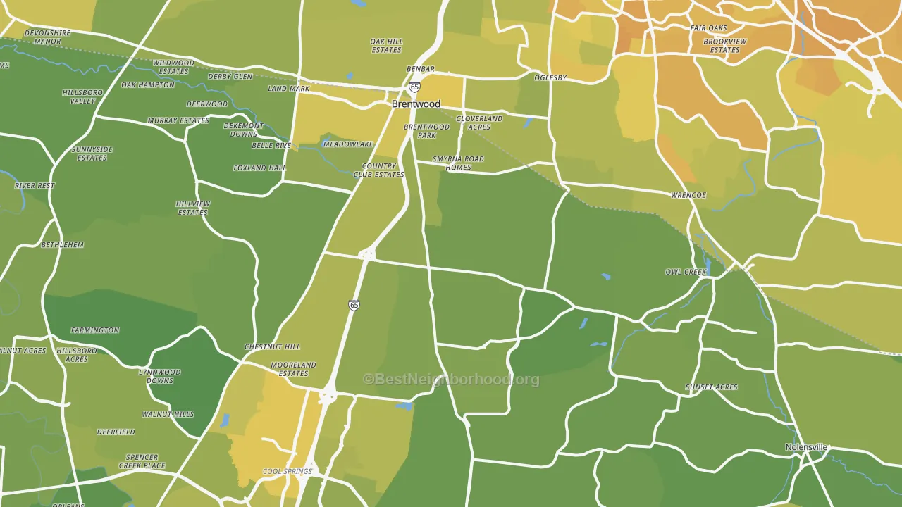 Map of the best neighborhoods in the Brentwood area, with better matches in green and worse matches in red