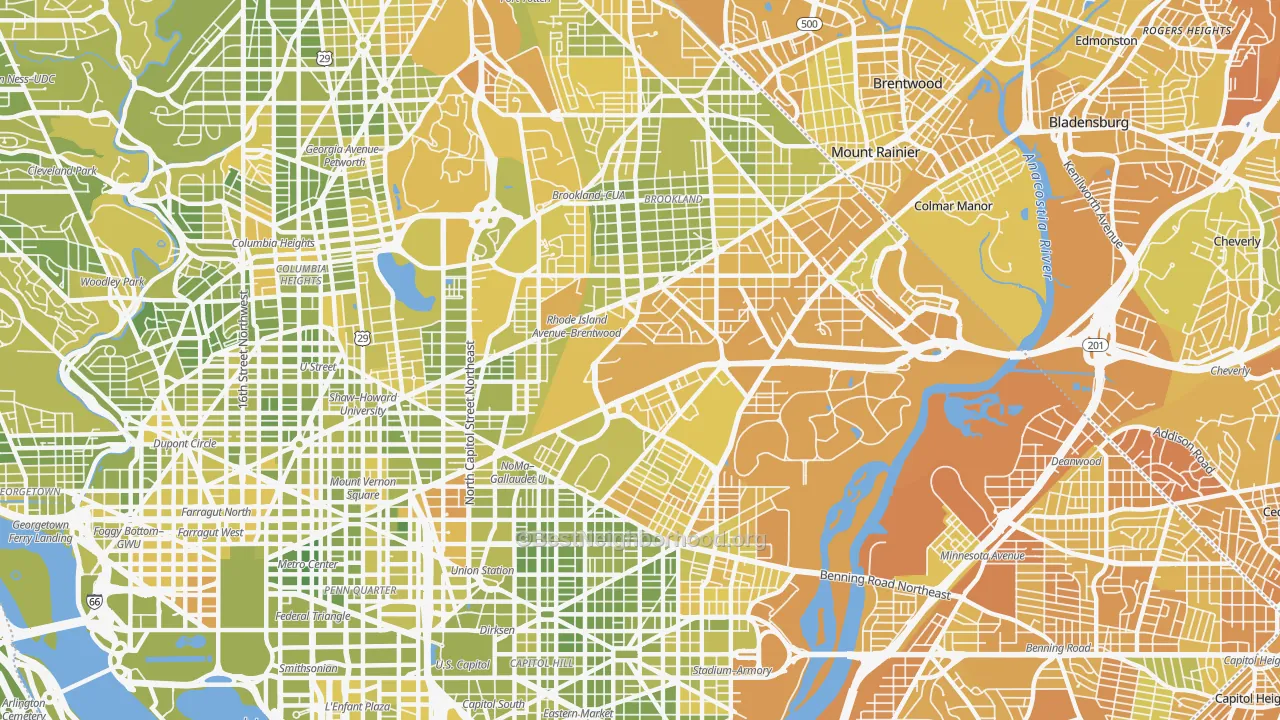 Map of the best neighborhoods in the Brentwood, Washington area, with better matches in green and worse matches in red