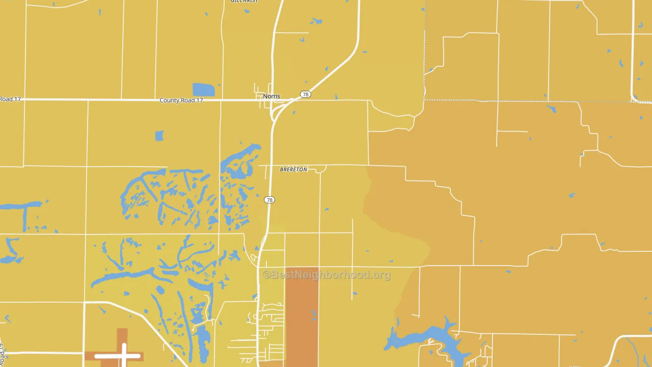 Map of the best neighborhoods in the Brereton area, with better matches in green and worse matches in red