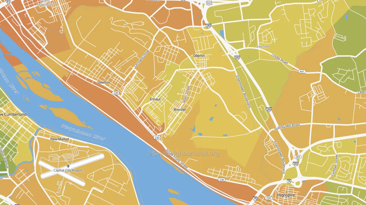 Map of the best neighborhoods in the Bressler area, with better matches in green and worse matches in red