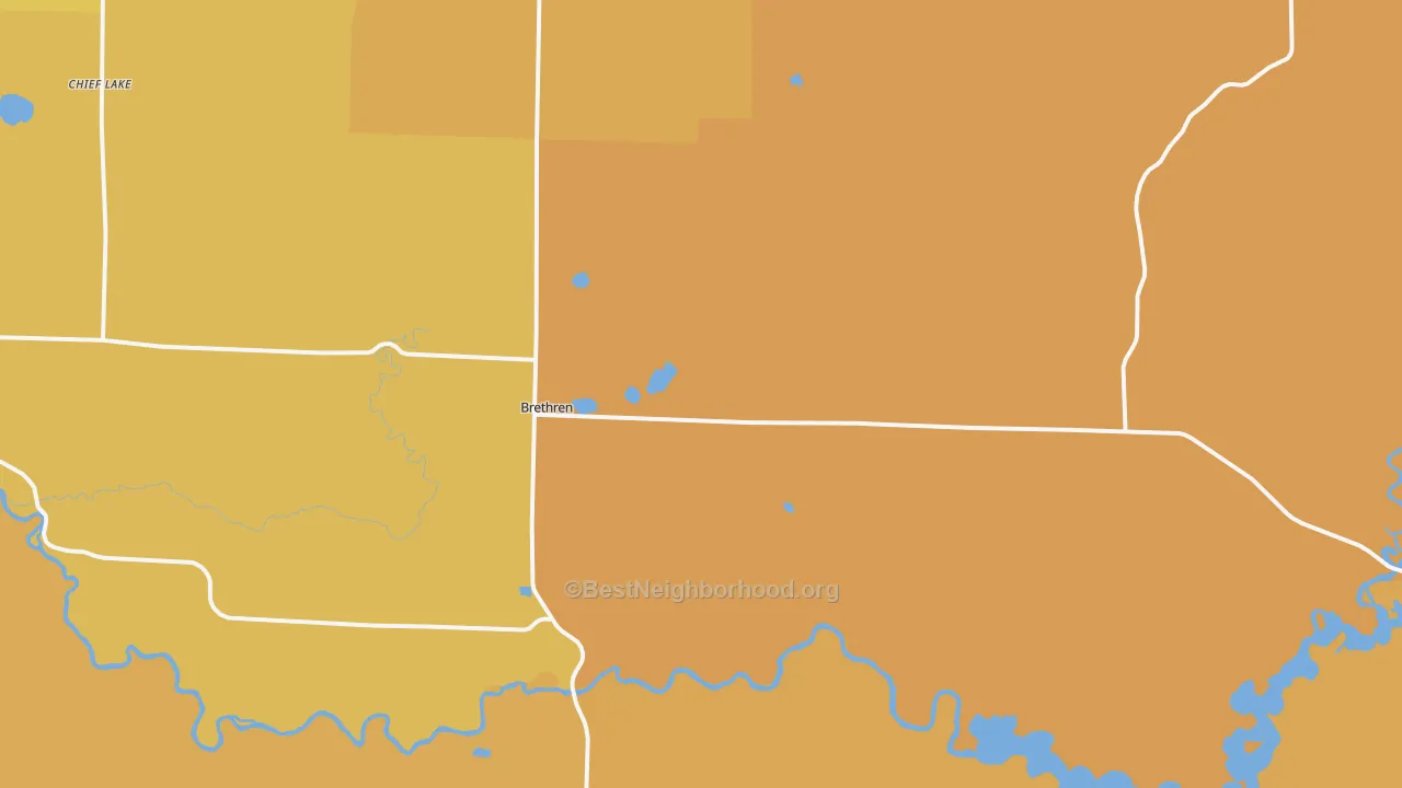 Map of the best neighborhoods in the Brethren area, with better matches in green and worse matches in red