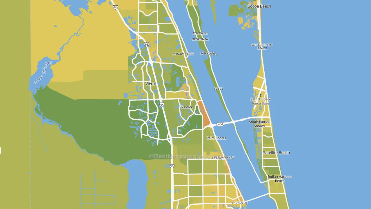 Map of the best neighborhoods in the Brevard County area, with better matches in green and worse matches in red