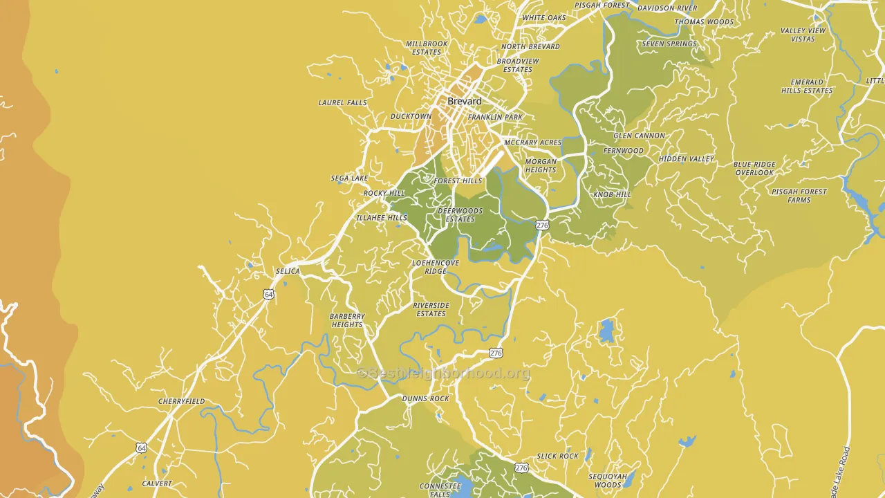 Map of the best neighborhoods in the Brevard area, with better matches in green and worse matches in red