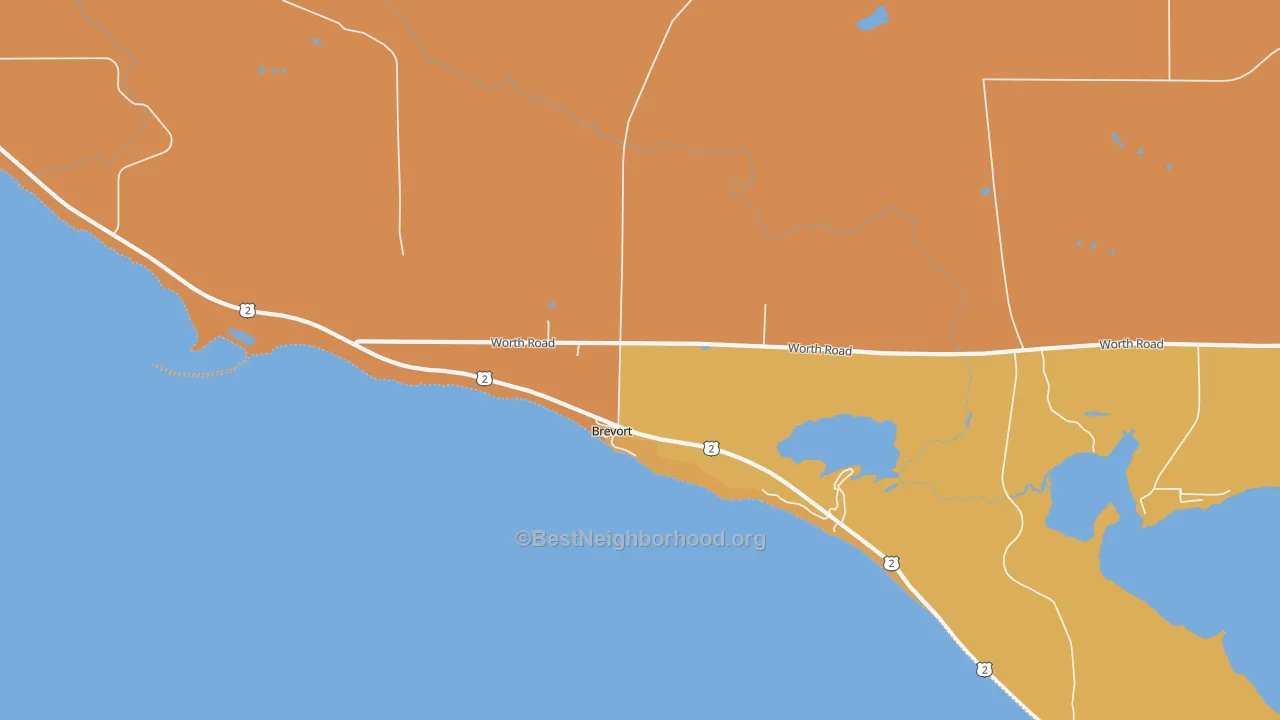 Map of the best neighborhoods in the Brevort area, with better matches in green and worse matches in red