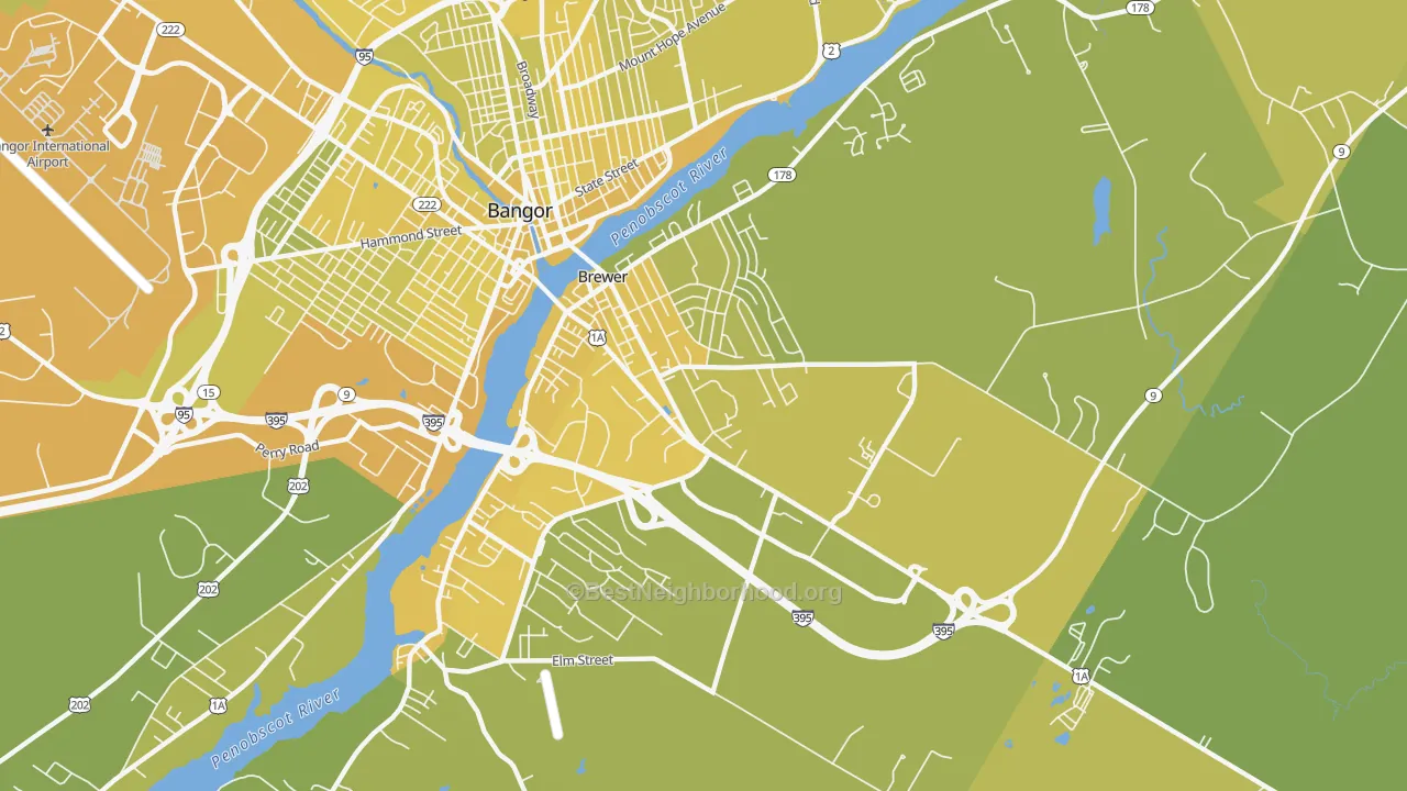 Map of the best neighborhoods in the Brewer area, with better matches in green and worse matches in red