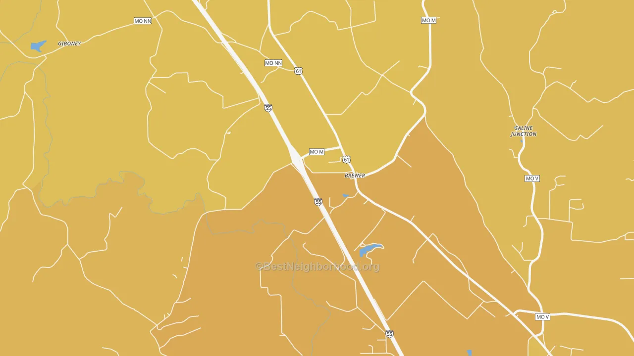 Map of the best neighborhoods in the Brewer area, with better matches in green and worse matches in red
