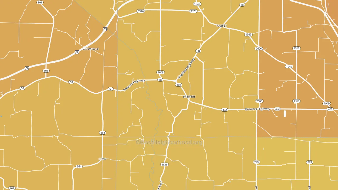 Map of the best neighborhoods in the Brewers area, with better matches in green and worse matches in red