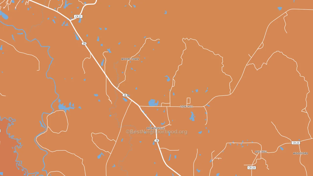 Map of the best neighborhoods in the Brewersville area, with better matches in green and worse matches in red