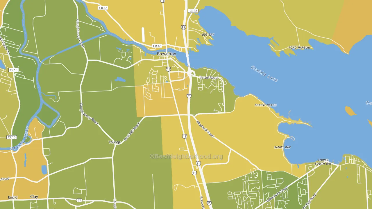Map of the best neighborhoods in the Brewerton area, with better matches in green and worse matches in red