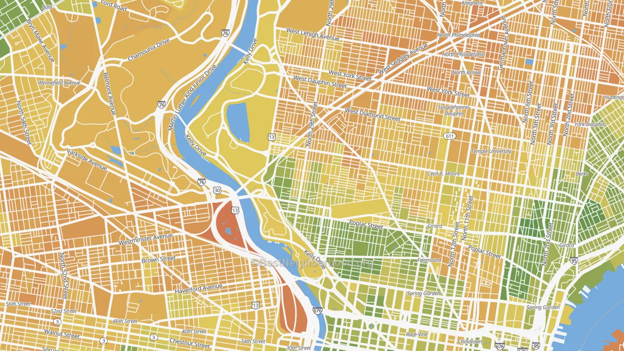 Map of the best neighborhoods in the Brewerytown, Philadelphia area, with better matches in green and worse matches in red