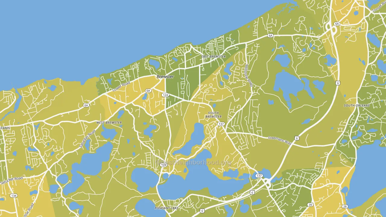 Map of the best neighborhoods in the Brewster area, with better matches in green and worse matches in red
