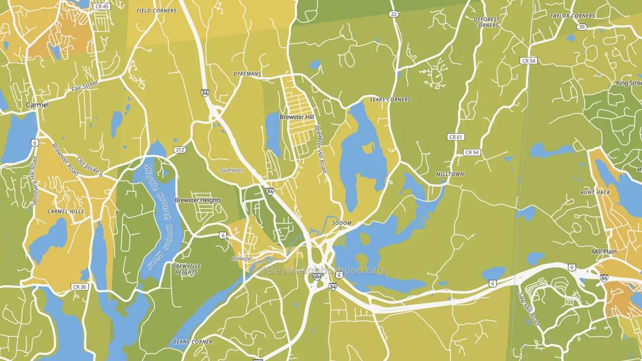 Map of the best neighborhoods in the Brewster area, with better matches in green and worse matches in red
