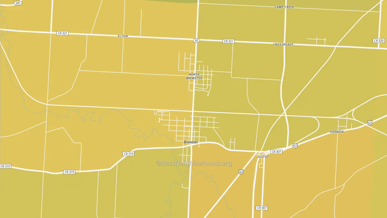Map of the best neighborhoods in the Brewster area, with better matches in green and worse matches in red