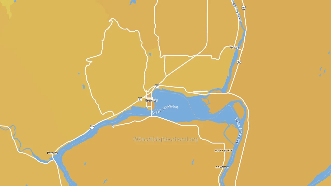 Map of the best neighborhoods in the Brewster area, with better matches in green and worse matches in red