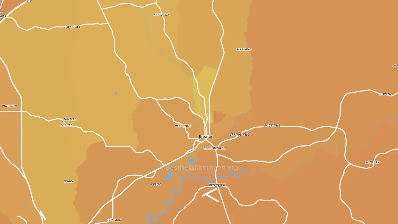Map of the best neighborhoods in the Brewton area, with better matches in green and worse matches in red