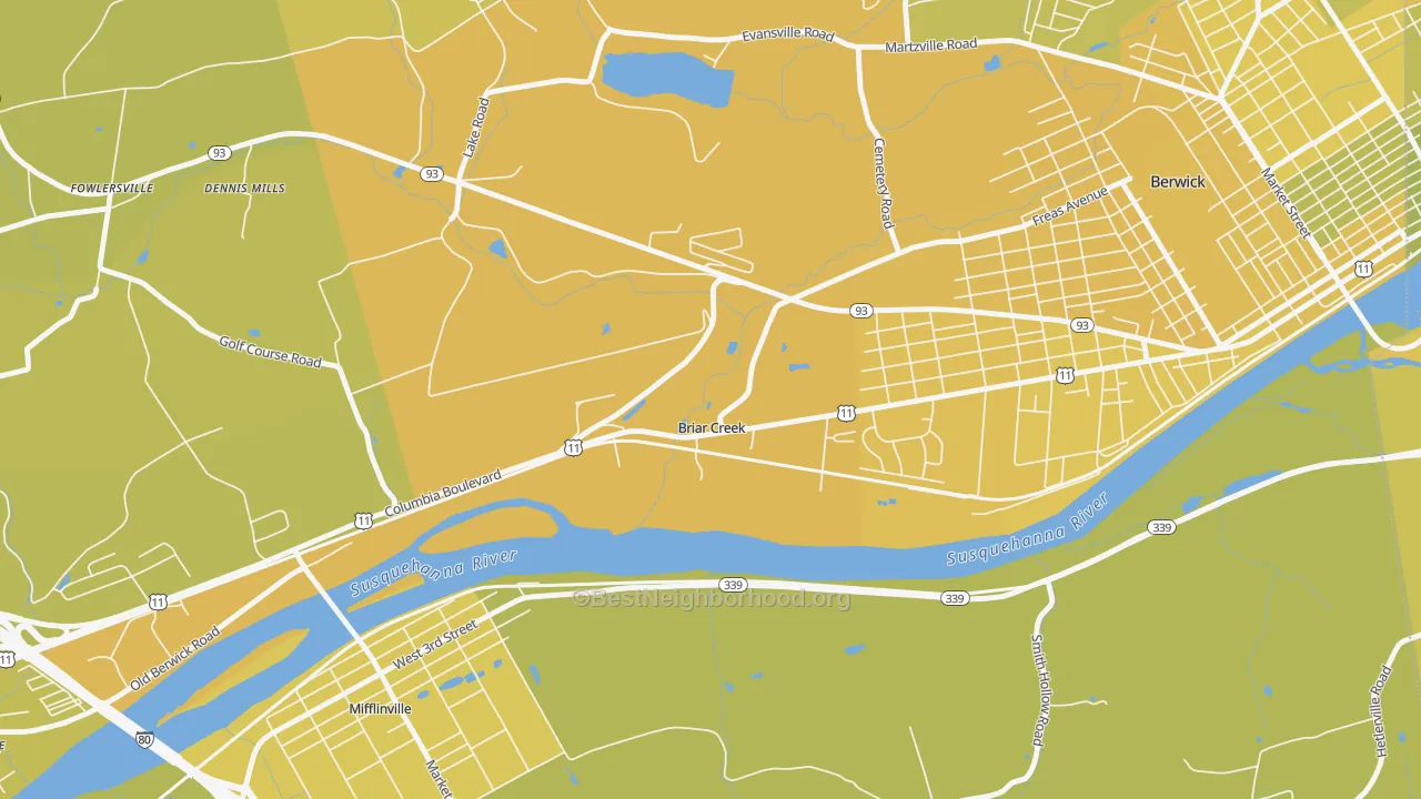 Map of the best neighborhoods in the Briar Creek area, with better matches in green and worse matches in red