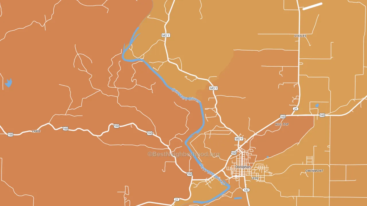 Map of the best neighborhoods in the Briar area, with better matches in green and worse matches in red