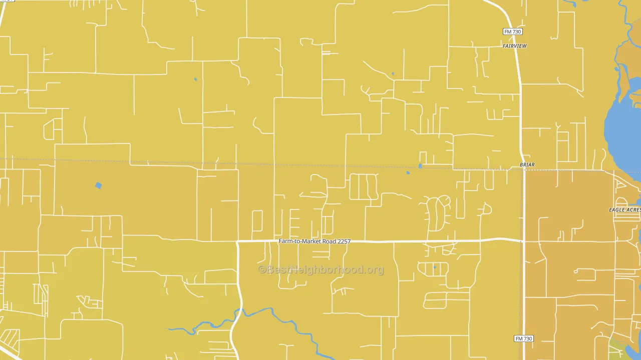 Map of the best neighborhoods in the Briar area, with better matches in green and worse matches in red