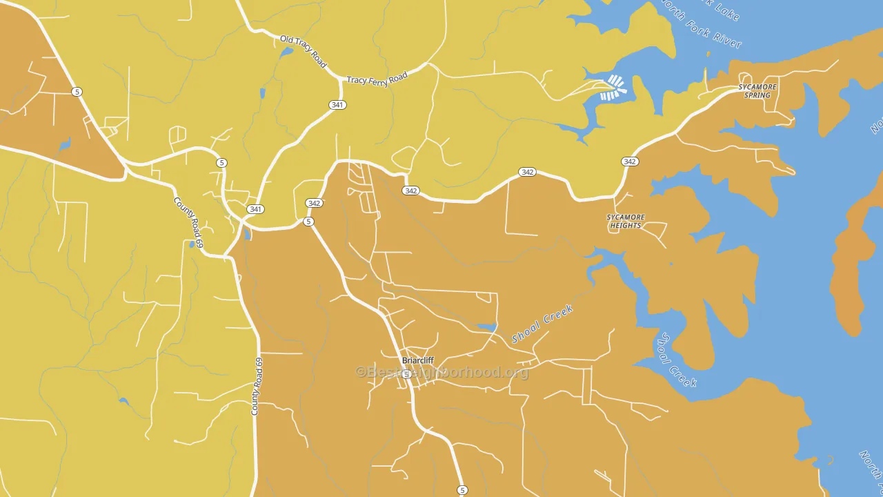 Map of the best neighborhoods in the Briarcliff area, with better matches in green and worse matches in red