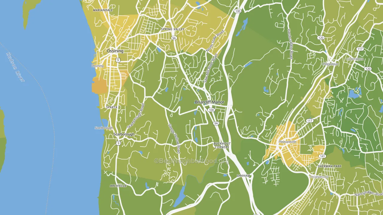 Map of the best neighborhoods in the Briarcliff Manor area, with better matches in green and worse matches in red