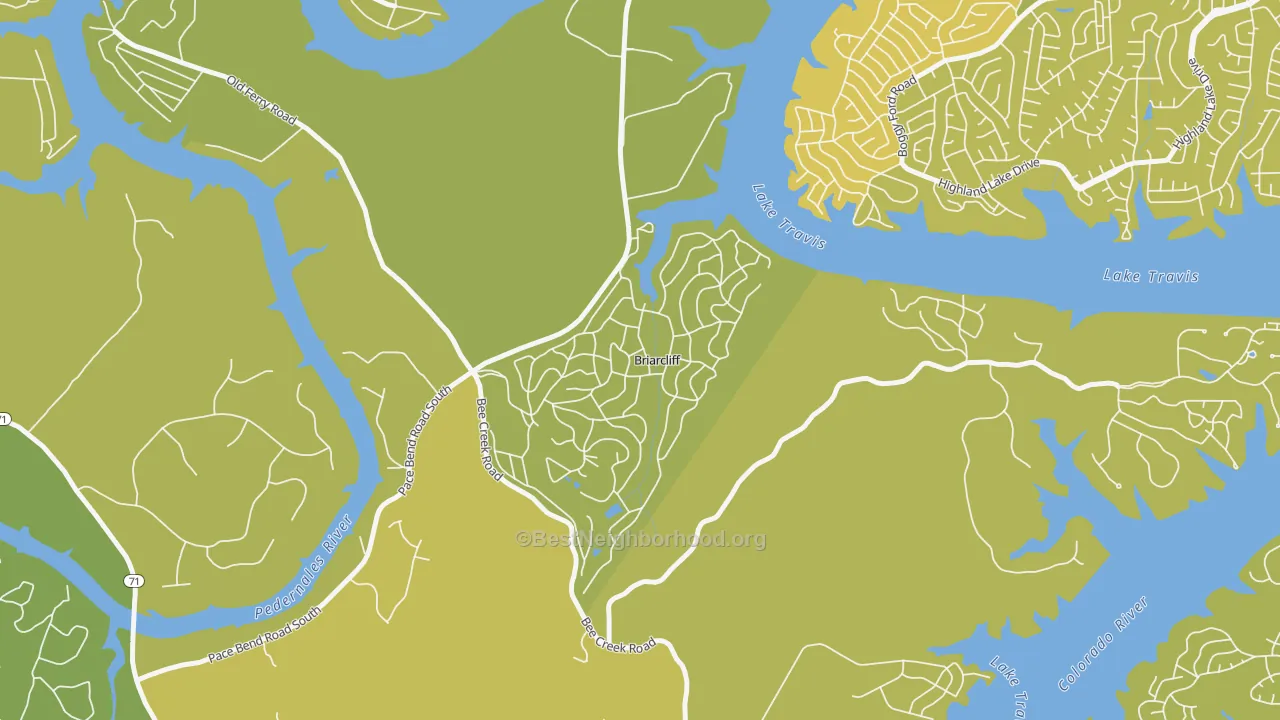 Map of the best neighborhoods in the Briarcliff area, with better matches in green and worse matches in red