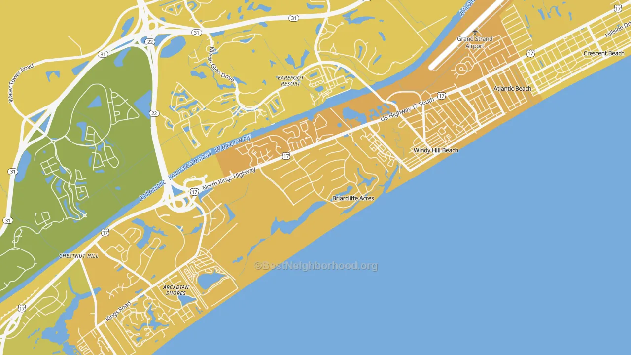 Map of the best neighborhoods in the Briarcliffe Acres area, with better matches in green and worse matches in red
