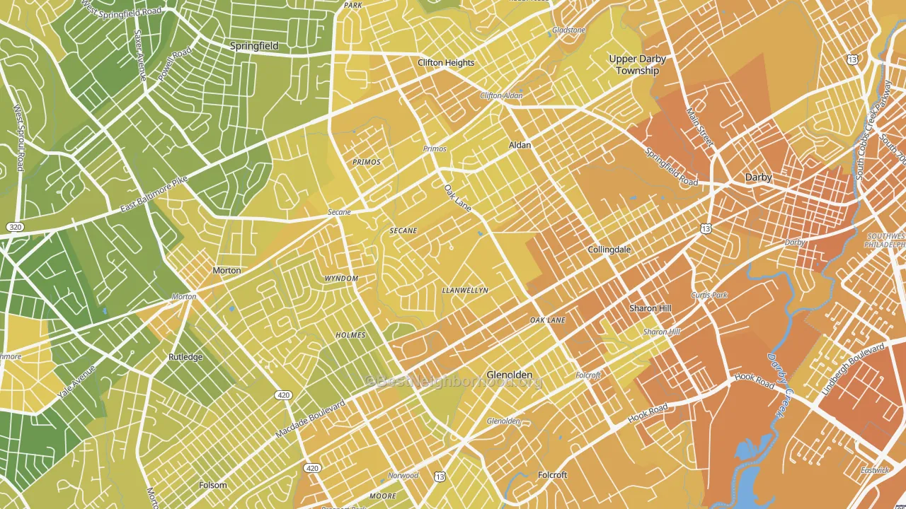 Map of the best neighborhoods in the Briarcliffe, Glenolden area, with better matches in green and worse matches in red