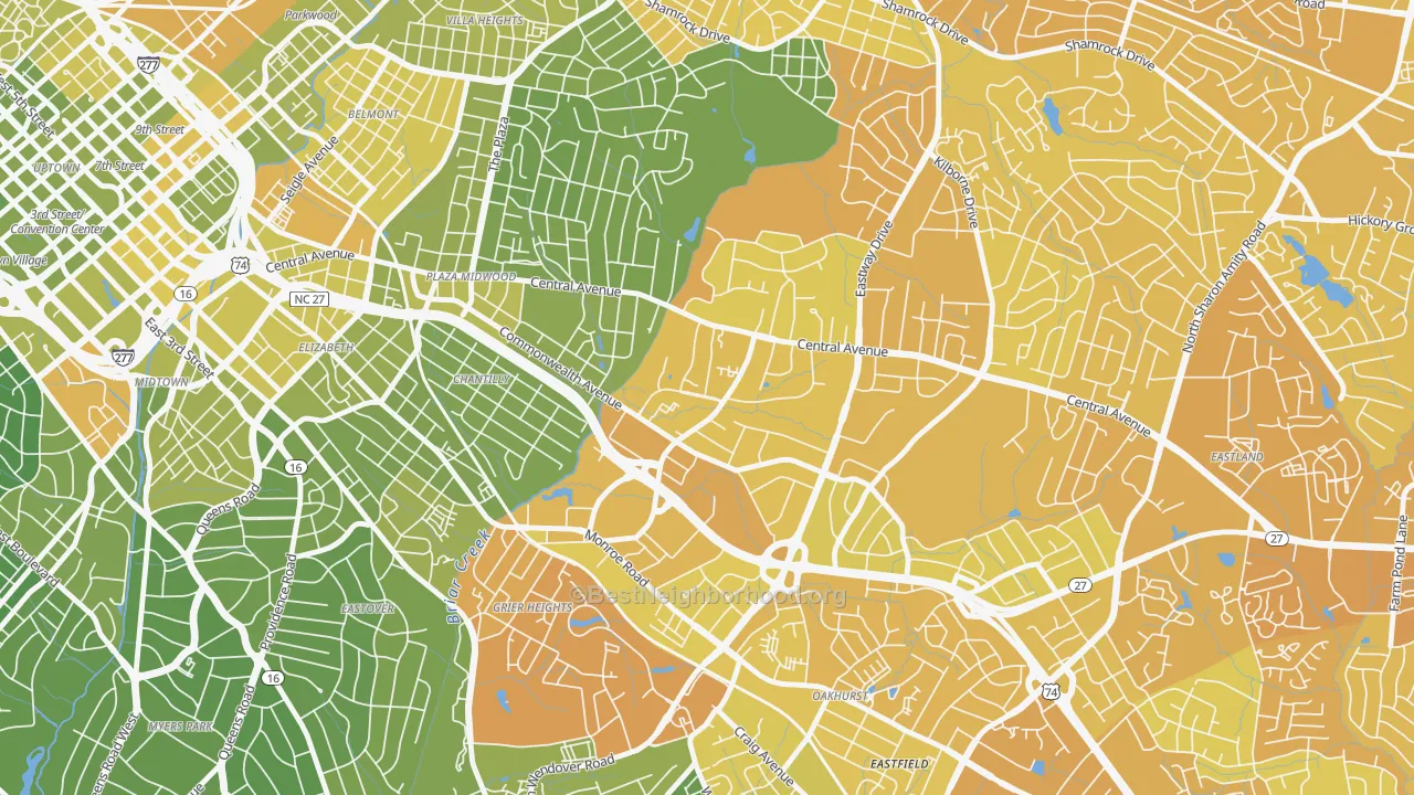 Map of the best neighborhoods in the Briarcreek-Woodland, Charlotte area, with better matches in green and worse matches in red