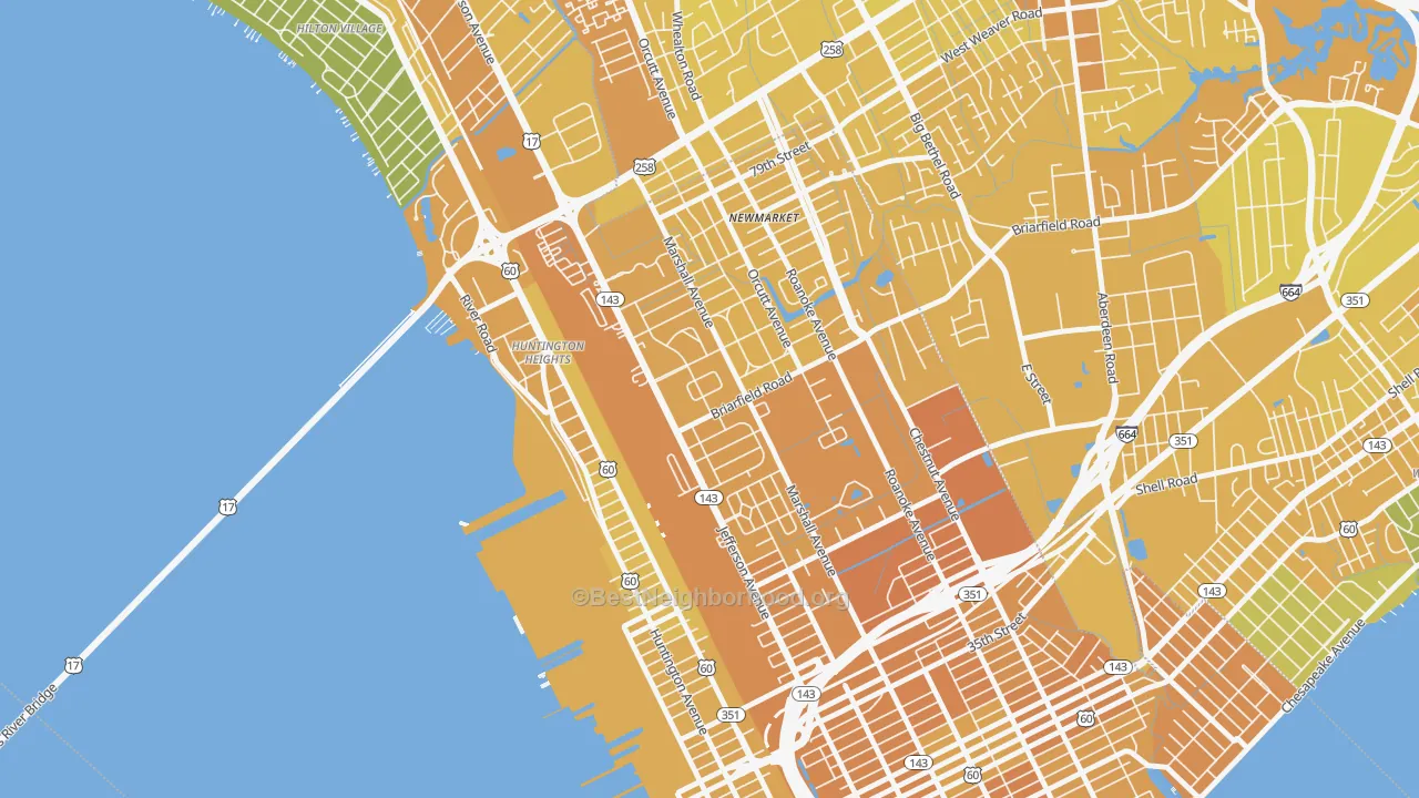Map of the best neighborhoods in the Briarfield, Newport News area, with better matches in green and worse matches in red