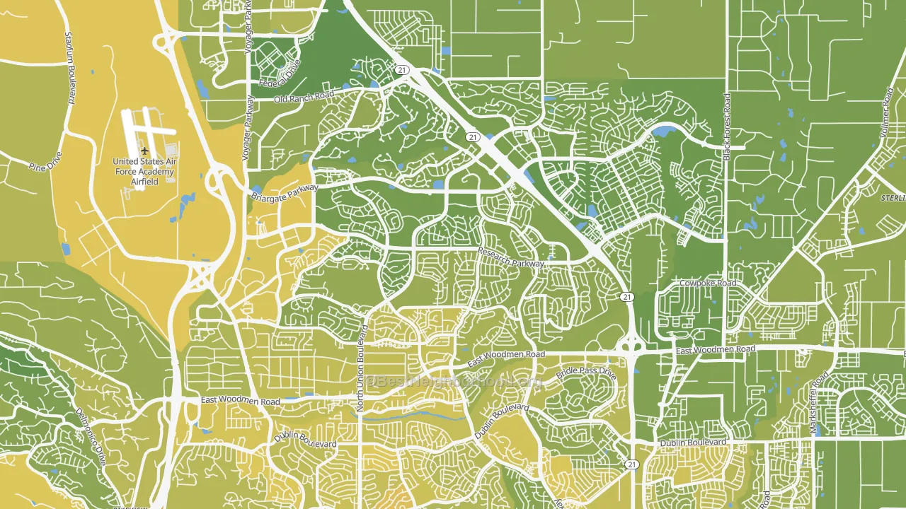 Map of the best neighborhoods in the Briargate, Colorado Springs area, with better matches in green and worse matches in red
