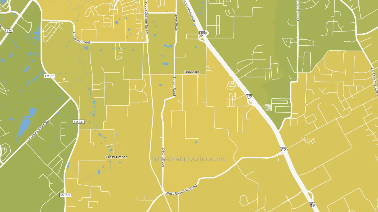 Map of the best neighborhoods in the Briaroaks area, with better matches in green and worse matches in red
