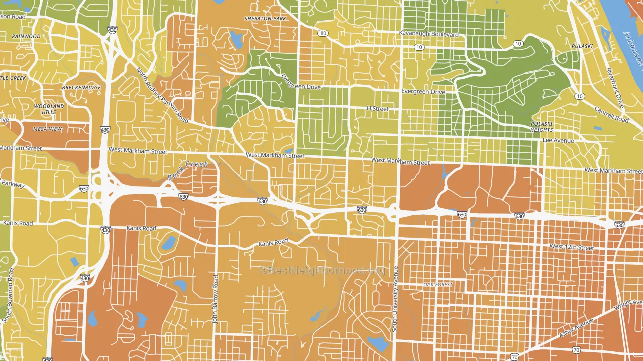 Map of the best neighborhoods in the Briarwood, Little Rock area, with better matches in green and worse matches in red
