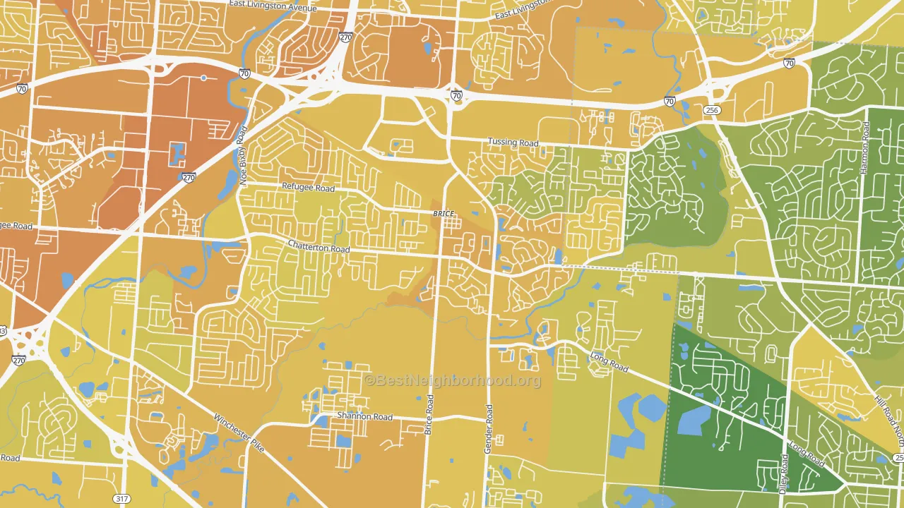 Map of the best neighborhoods in the Brice area, with better matches in green and worse matches in red