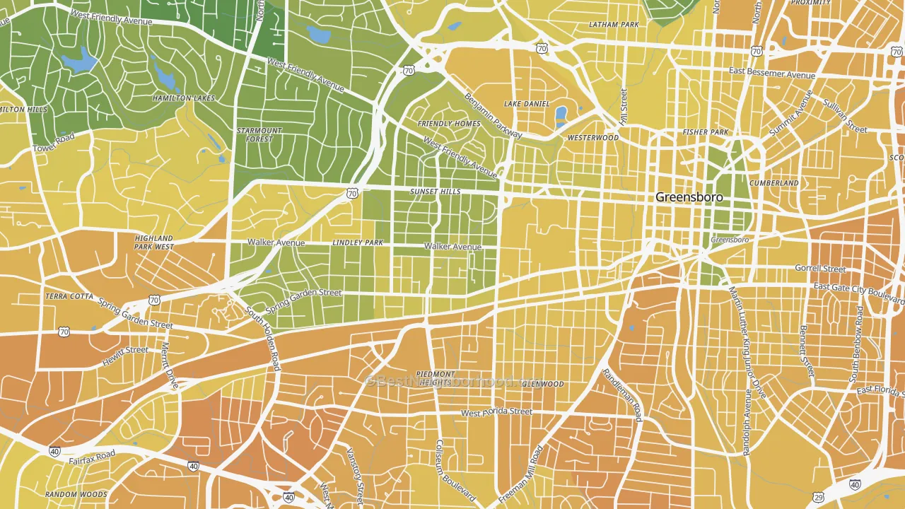 Map of the best neighborhoods in the Brice Street Area, Greensboro area, with better matches in green and worse matches in red