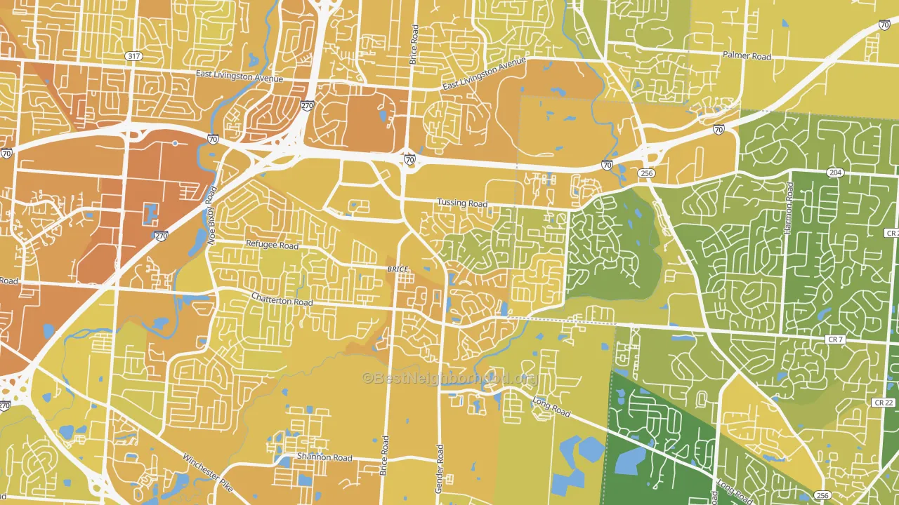 Map of the best neighborhoods in the Brice-Tussing, Columbus area, with better matches in green and worse matches in red