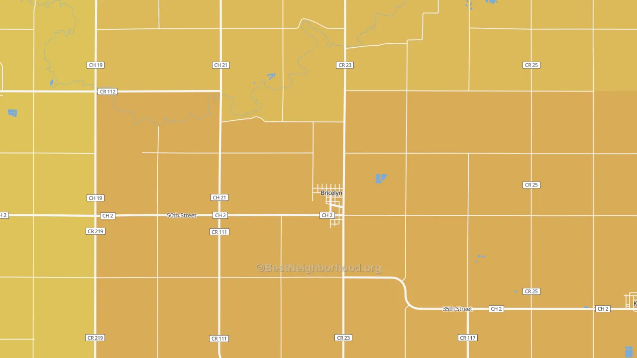 Map of the best neighborhoods in the Bricelyn area, with better matches in green and worse matches in red