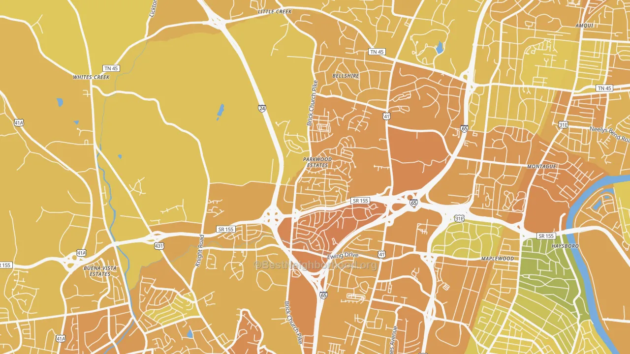 Map of the best neighborhoods in the Brick Church Bellshire, Nashville area, with better matches in green and worse matches in red