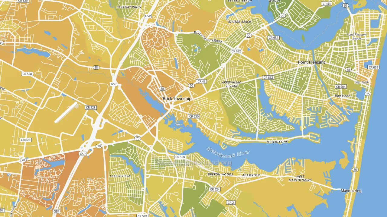 Map of the best neighborhoods in the Brick area, with better matches in green and worse matches in red